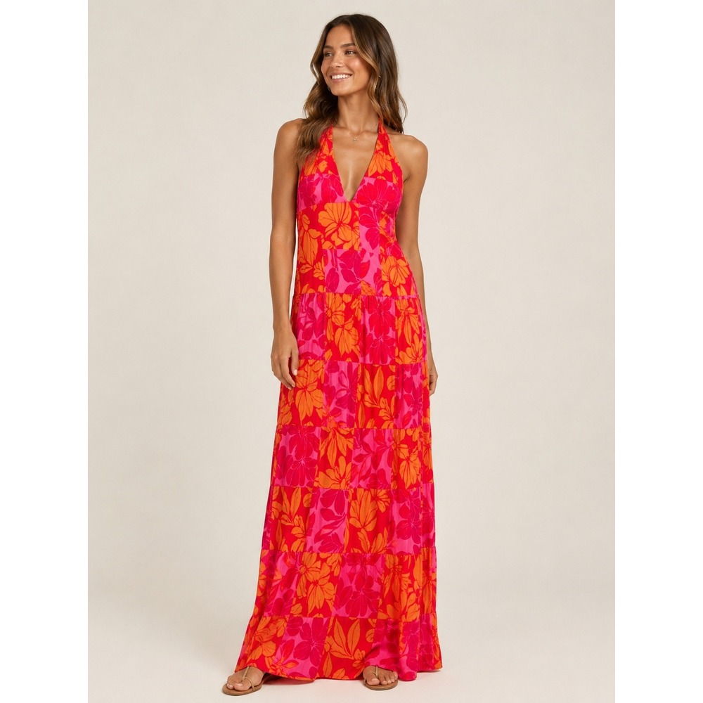 L*Space Anita Maxi Dress Sunset Palms Pink Orange Floral Halter Small NEW